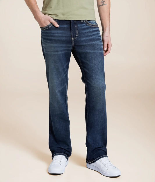 Dirtylabels men's slim bootcut jeans in dark wash with subtle fading and classic five-pocket design
