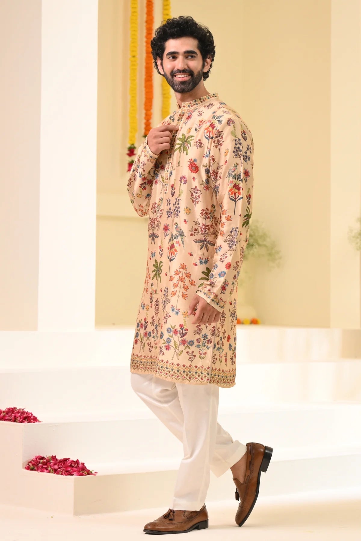 Men's designer kurta pajama online featuring a floral print and elegant design for festive occasions