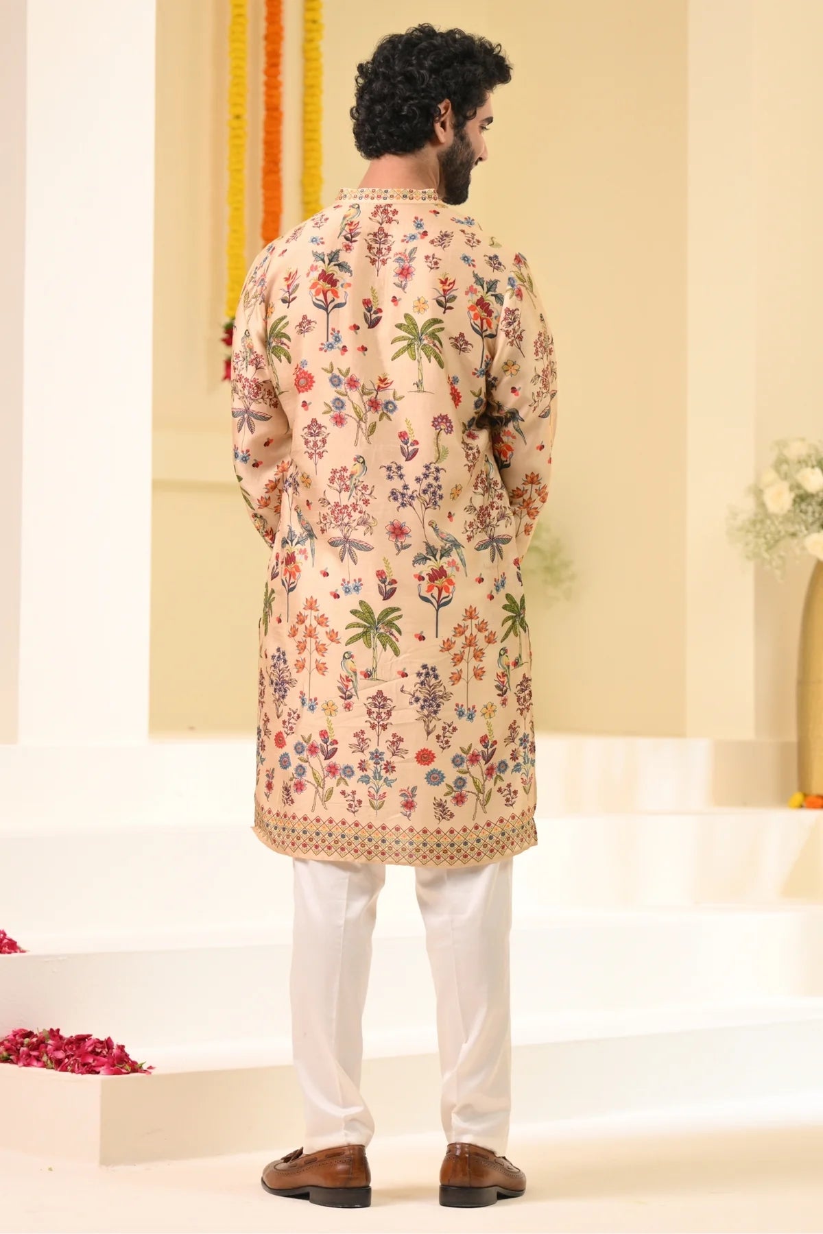 Men's designer kurta pajama online with floral print, perfect for festive occasions and celebrations