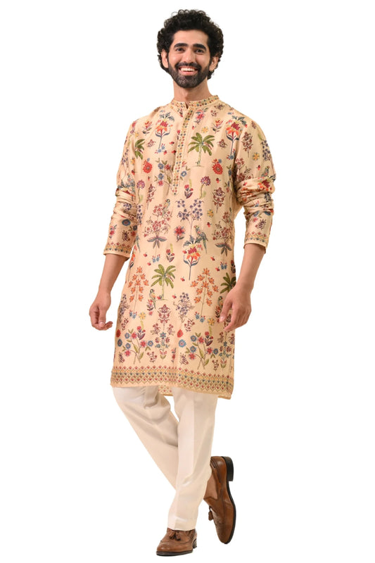 Men's designer kurta pajama online featuring intricate floral patterns in beige and white