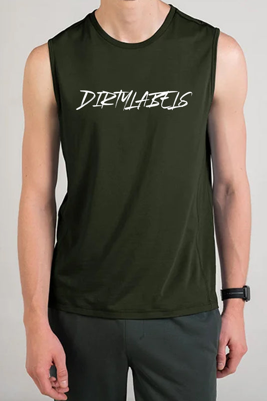 Men's fashion tank top in dark green featuring Dirtylabels logo for casual style