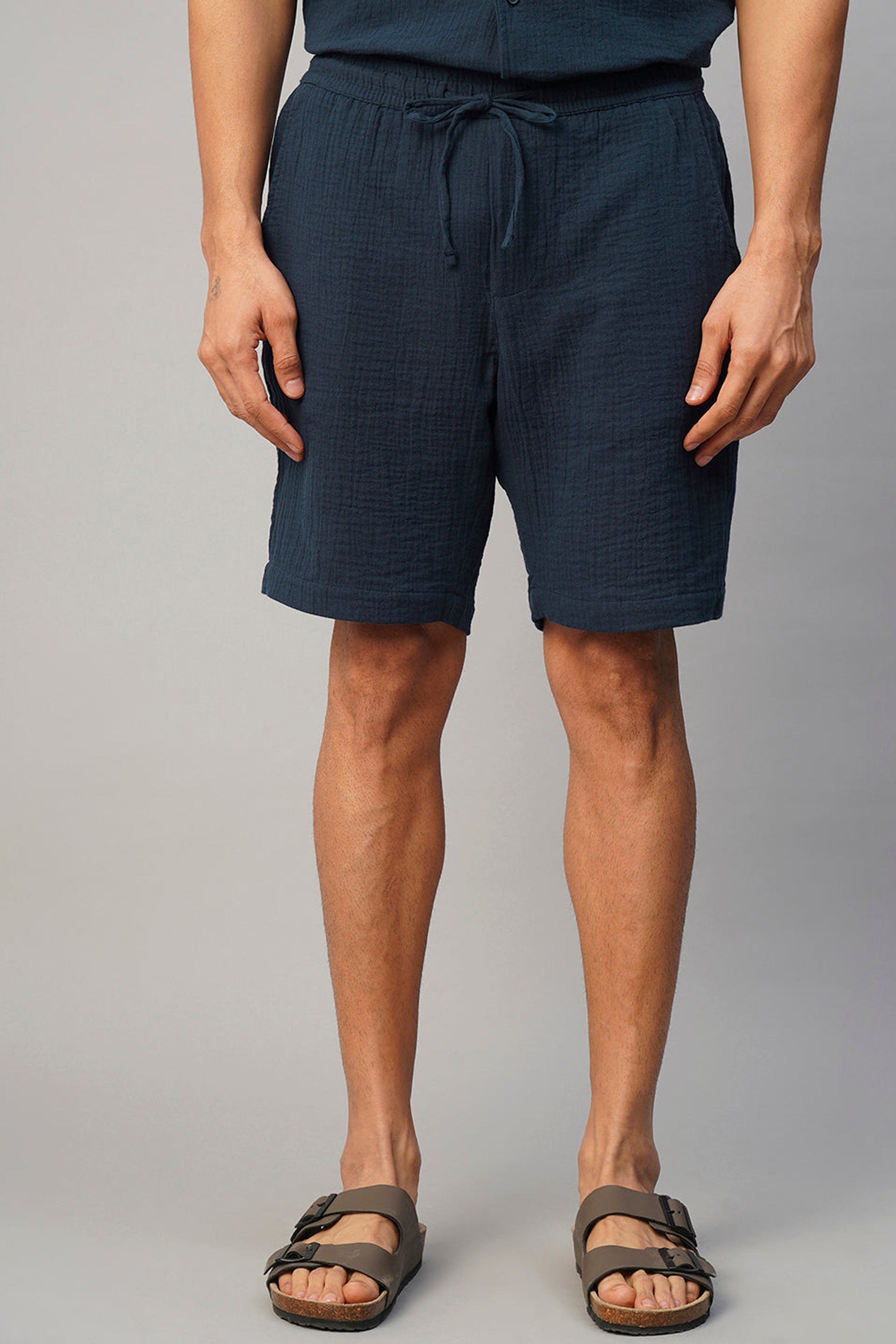 Comfortable men's summer shorts India in navy blue with a relaxed fit and drawstring waistband
