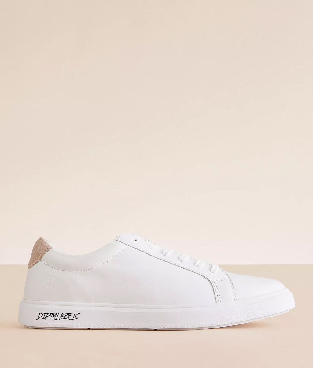 Dirtylabels men's white sneakers India with a sleek design and beige accent on the heel