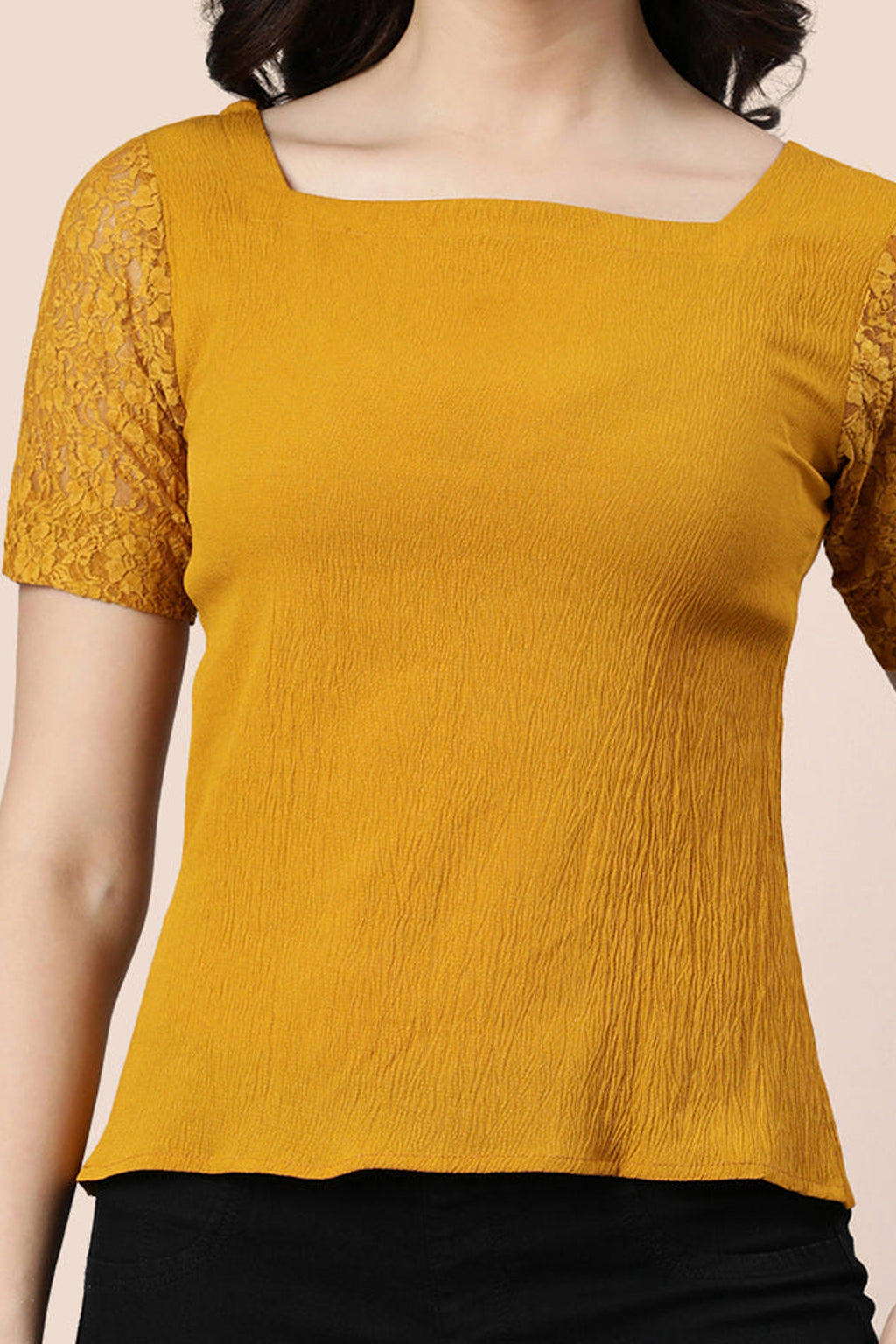 Mustard lace top for women with short lace sleeves and a square neckline