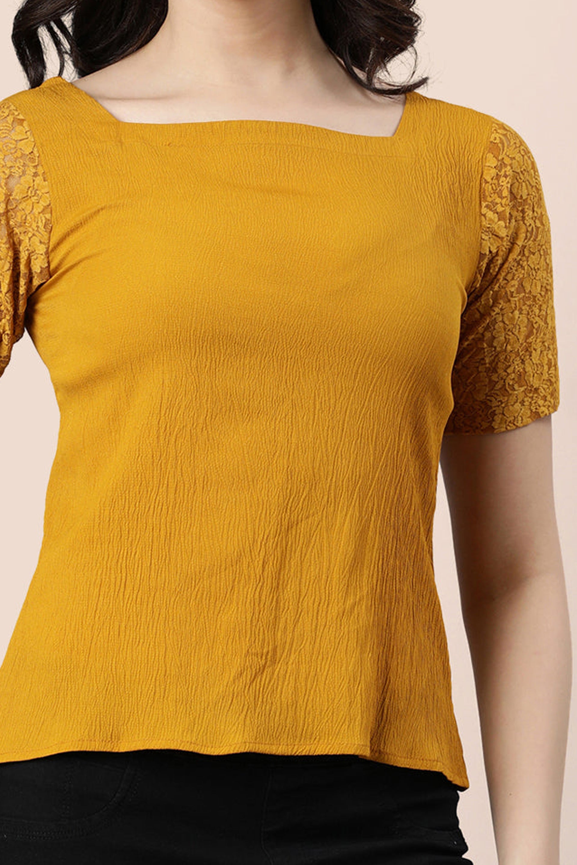 Mustard lace top for women featuring a square neckline and textured fabric for a stylish look