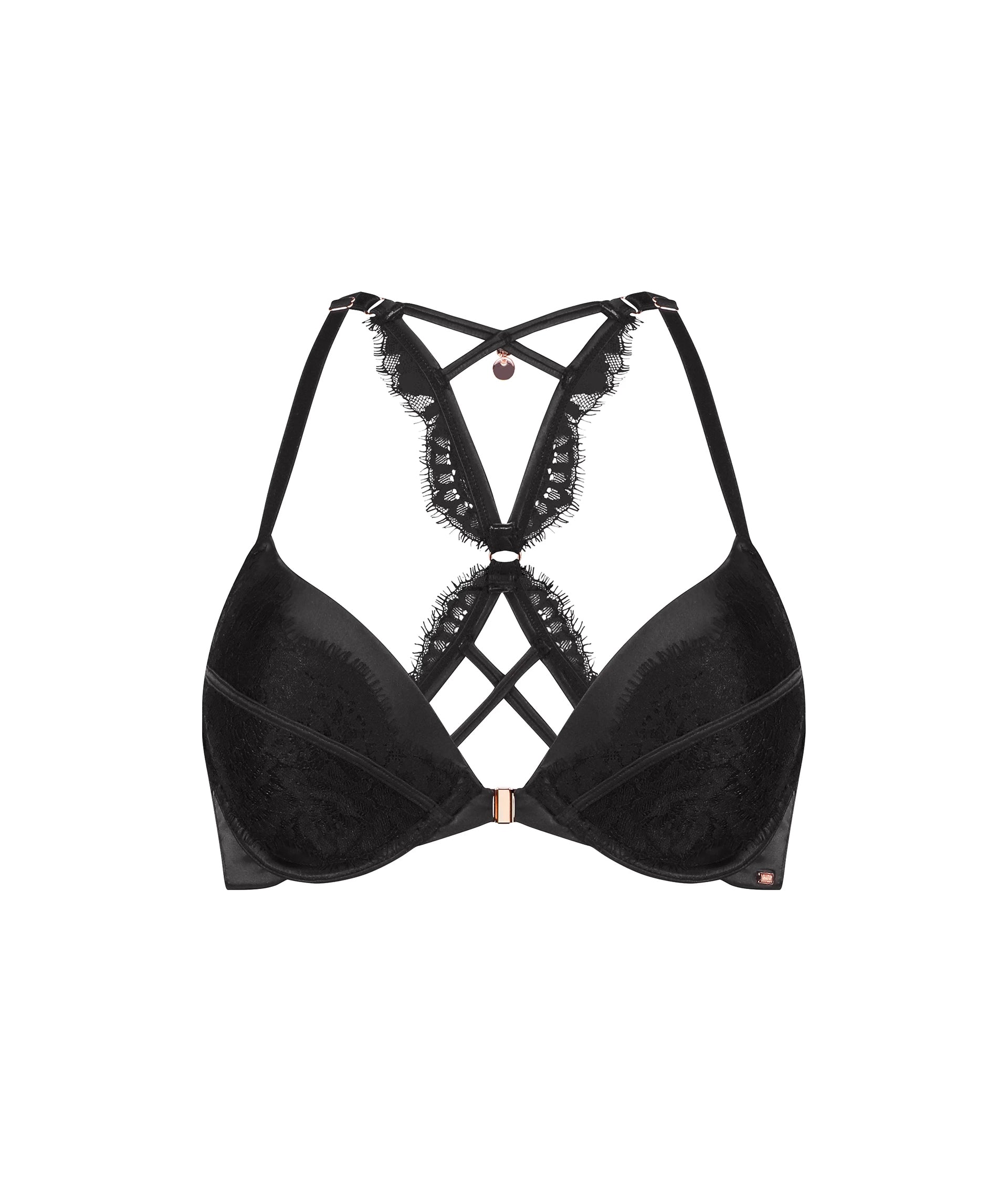 Elegant black padded push-up bra India with lace details and stylish crisscross straps
