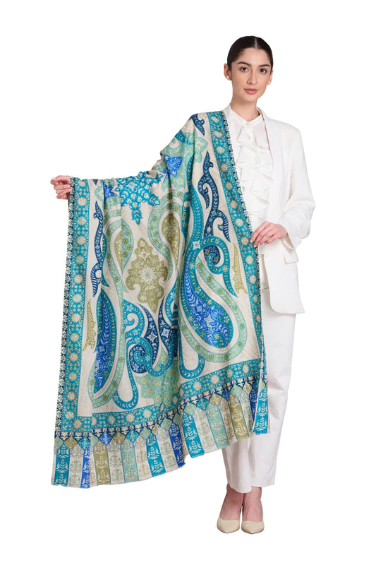 Elegant woman modeling a paisley embroidered kalamkari shawl in vibrant colors with intricate patterns