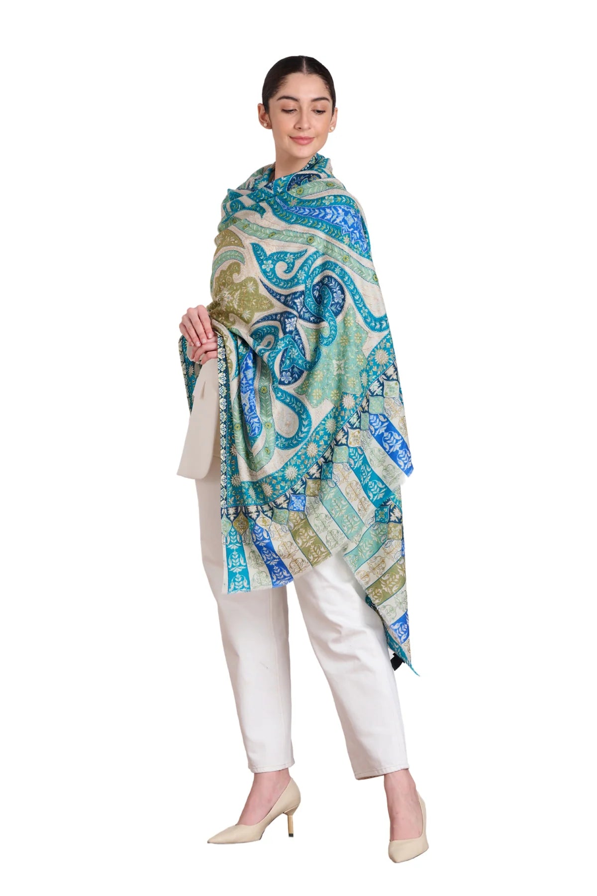 Paisley embroidered kalamkari shawl in blue and green tones, draped elegantly on a model