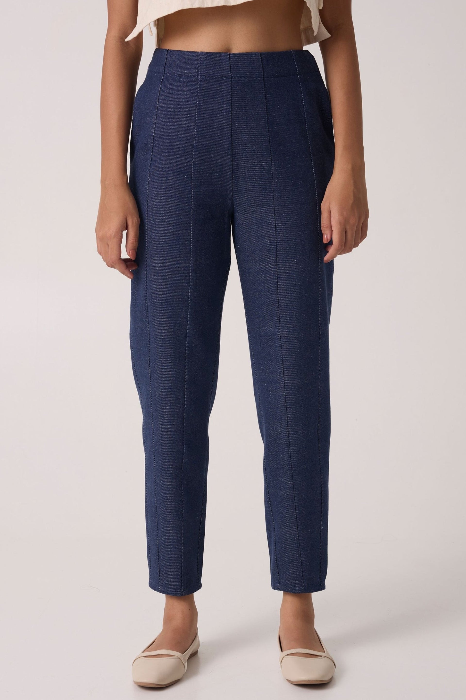 Stylish panelled denim pants online in dark blue with a tailored fit for a modern look