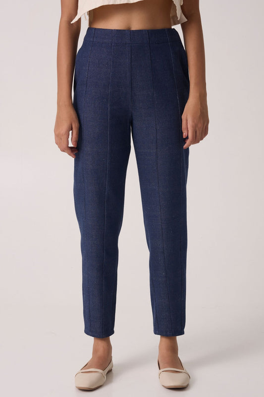 Stylish panelled denim pants online in dark blue with a tailored fit for a modern look