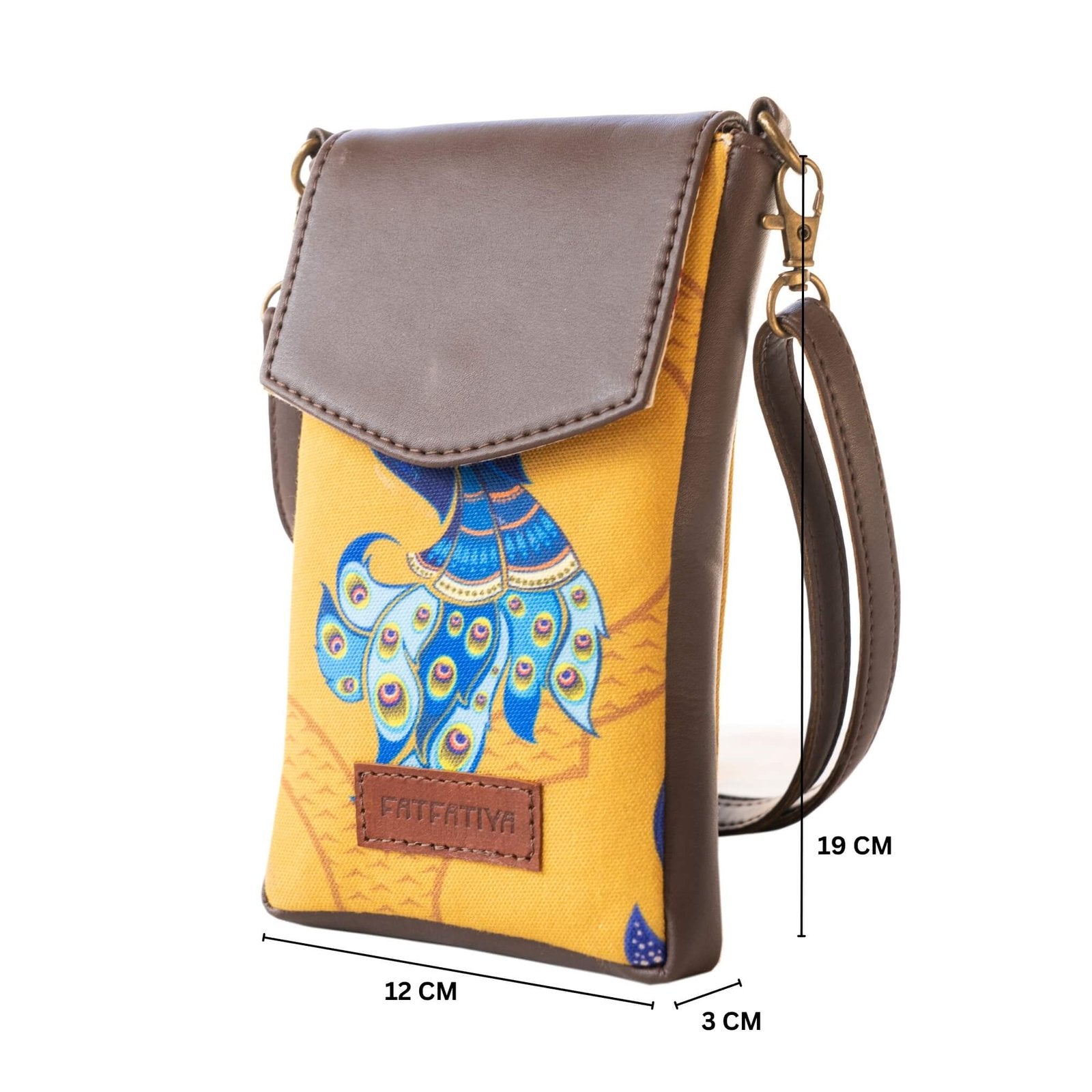 Fatfatiya Peacock Crossbody Mobile Sling Bag in Yellow with Peacock Design and Adjustable Strap