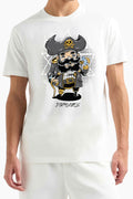 White pirate-themed men's t-shirt featuring a cartoon pirate character with a hat and eyepatch