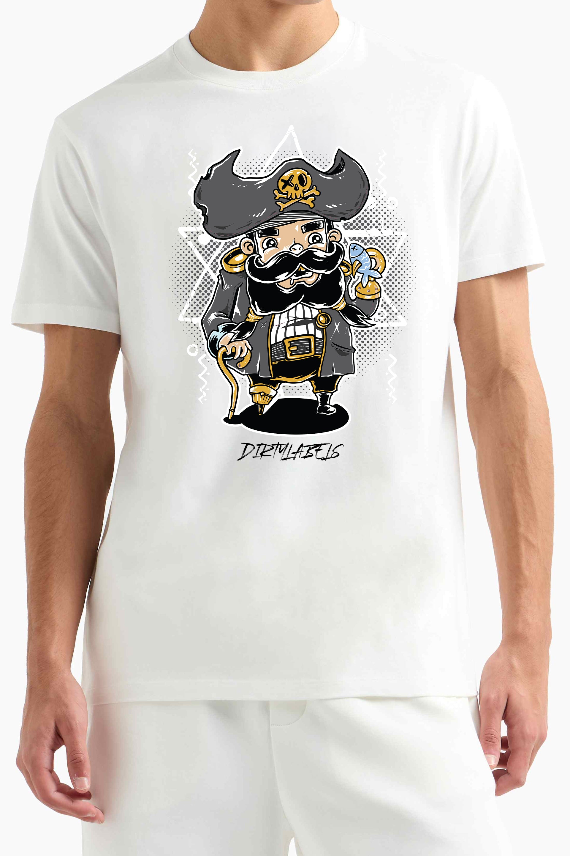 White pirate-themed men's t-shirt featuring a cartoon pirate character with a hat and eyepatch
