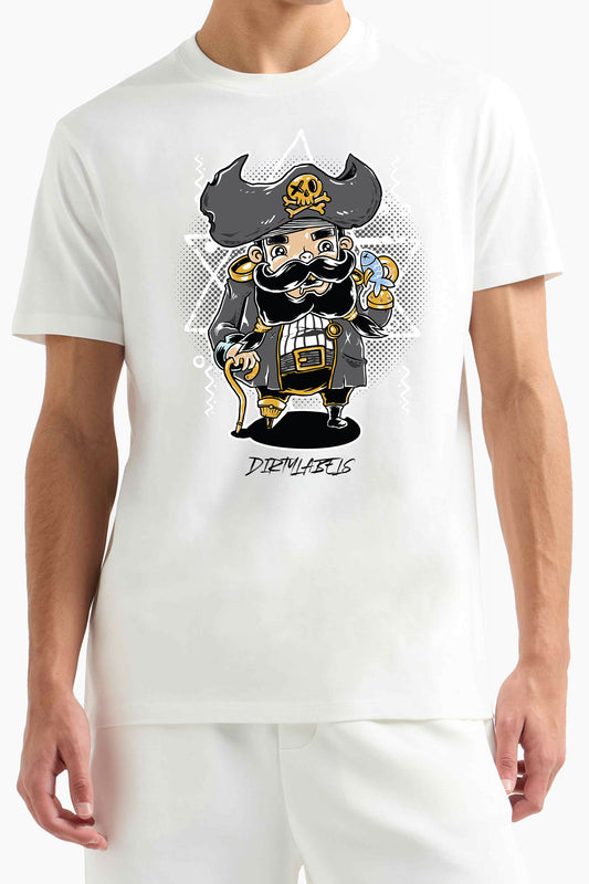 White pirate-themed men's t-shirt featuring a cartoon pirate character with a hat and eyepatch