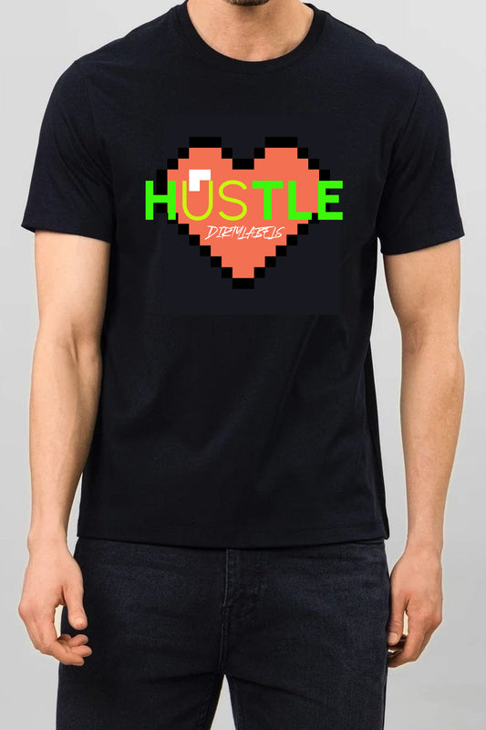 Black premium graphic tee India featuring a pixelated heart and the word 'HUSTLE'