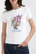 Premium white graphic t-shirt featuring a colorful cartoon design by Dirtylabels on a model