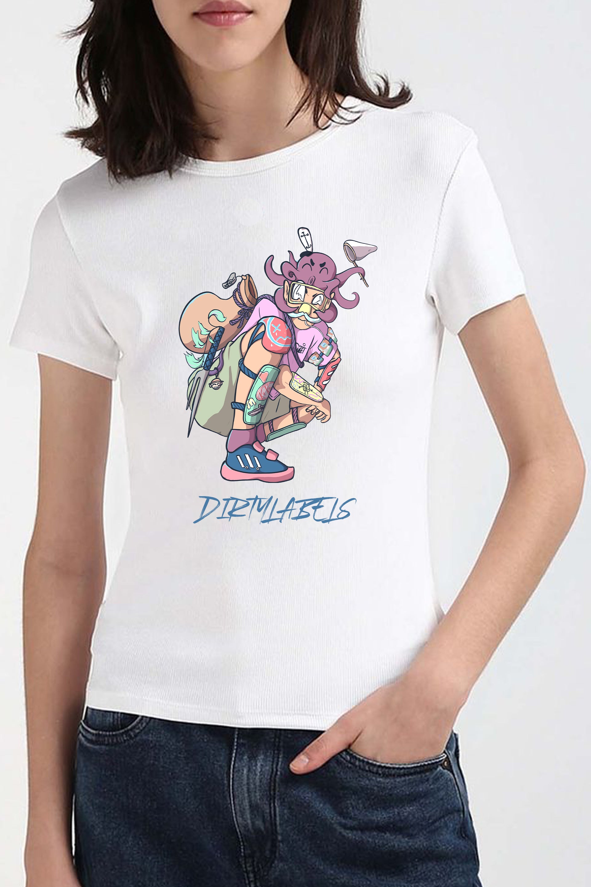 Premium white graphic t-shirt featuring a colorful cartoon design by Dirtylabels on a model