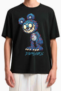 Black Quirky Fashion T-Shirt from Dirtylabels featuring a colorful cartoon bear design