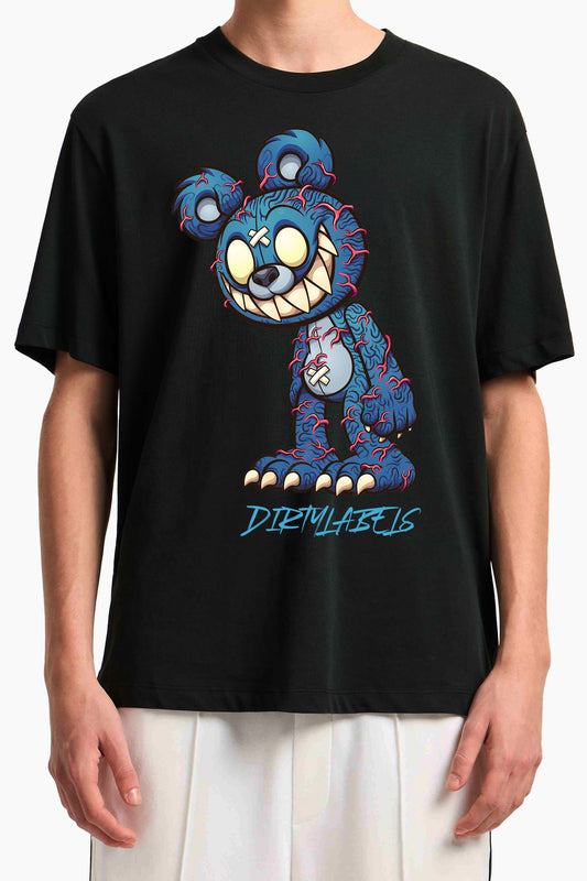 Black Quirky Fashion T-Shirt from Dirtylabels featuring a colorful cartoon bear design