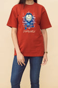 Red quirky graphic t-shirt by Dirtylabels featuring a playful cartoon character design