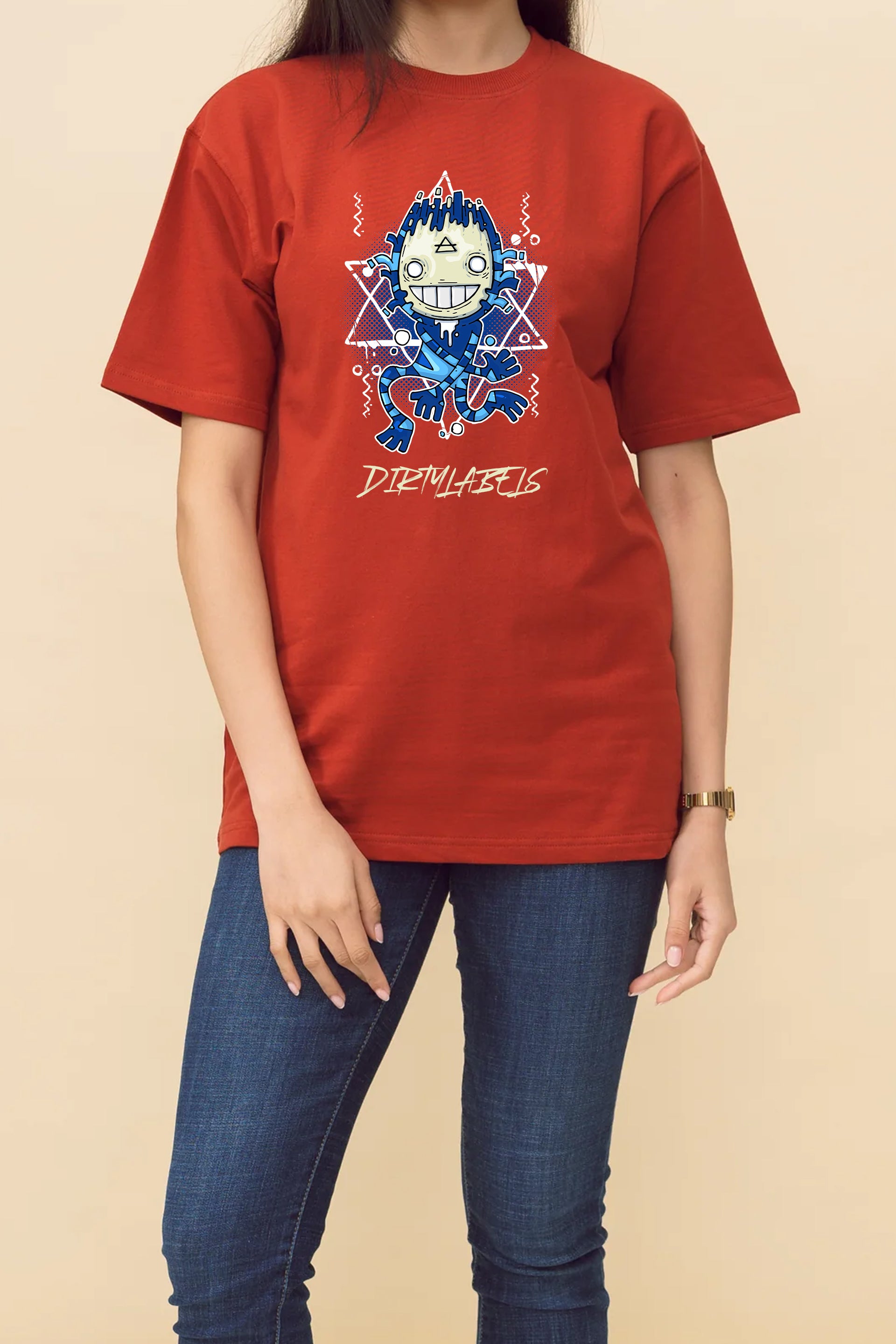 Red quirky graphic t-shirt by Dirtylabels featuring a playful cartoon character design