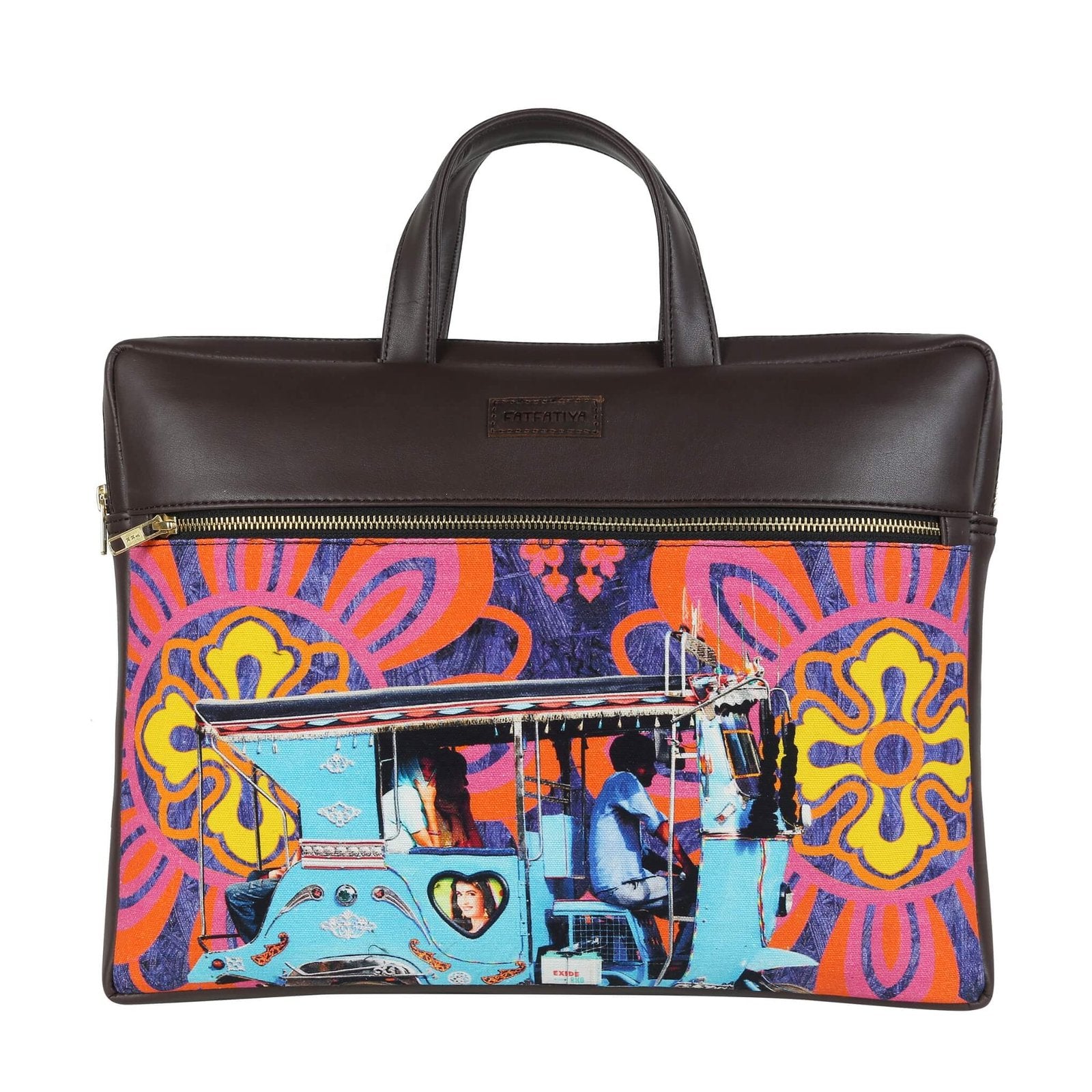 Quirky laptop sleeve India with vibrant rickshaw design and black leather handle for stylish protection