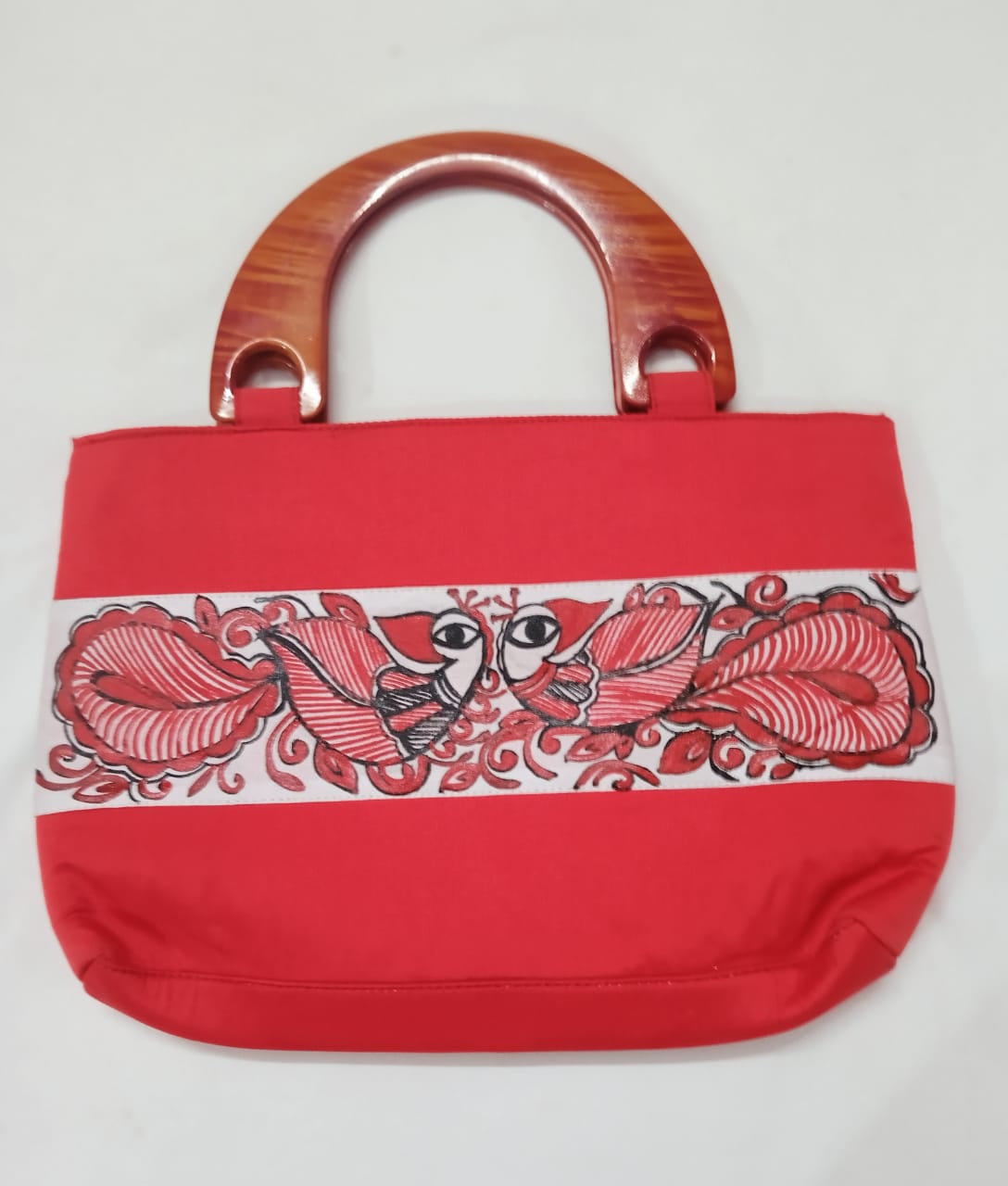 Red silk handbag for women with wooden handles and intricate floral embroidery