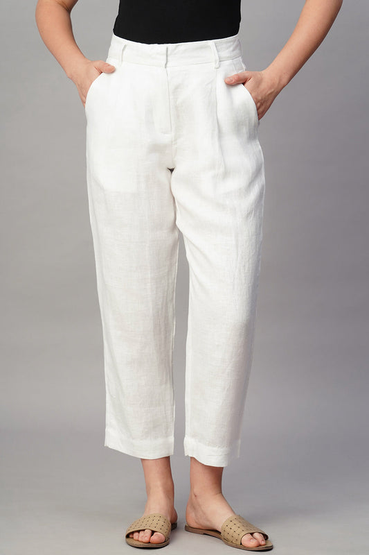 White regular fit linen trousers with side pockets and a casual style for summer wear