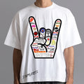 White rock band printed t-shirts featuring iconic band logos in a creative design
