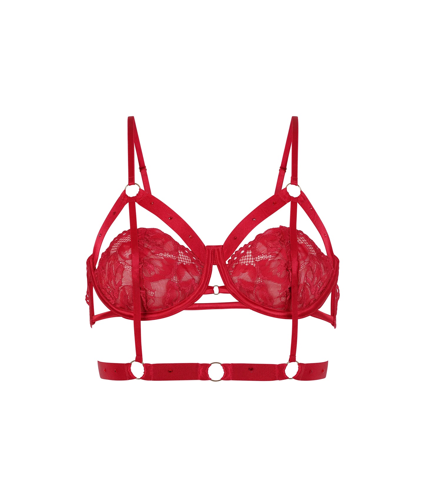 Red lace bra with straps and rings perfect for sexy lingerie online shopping