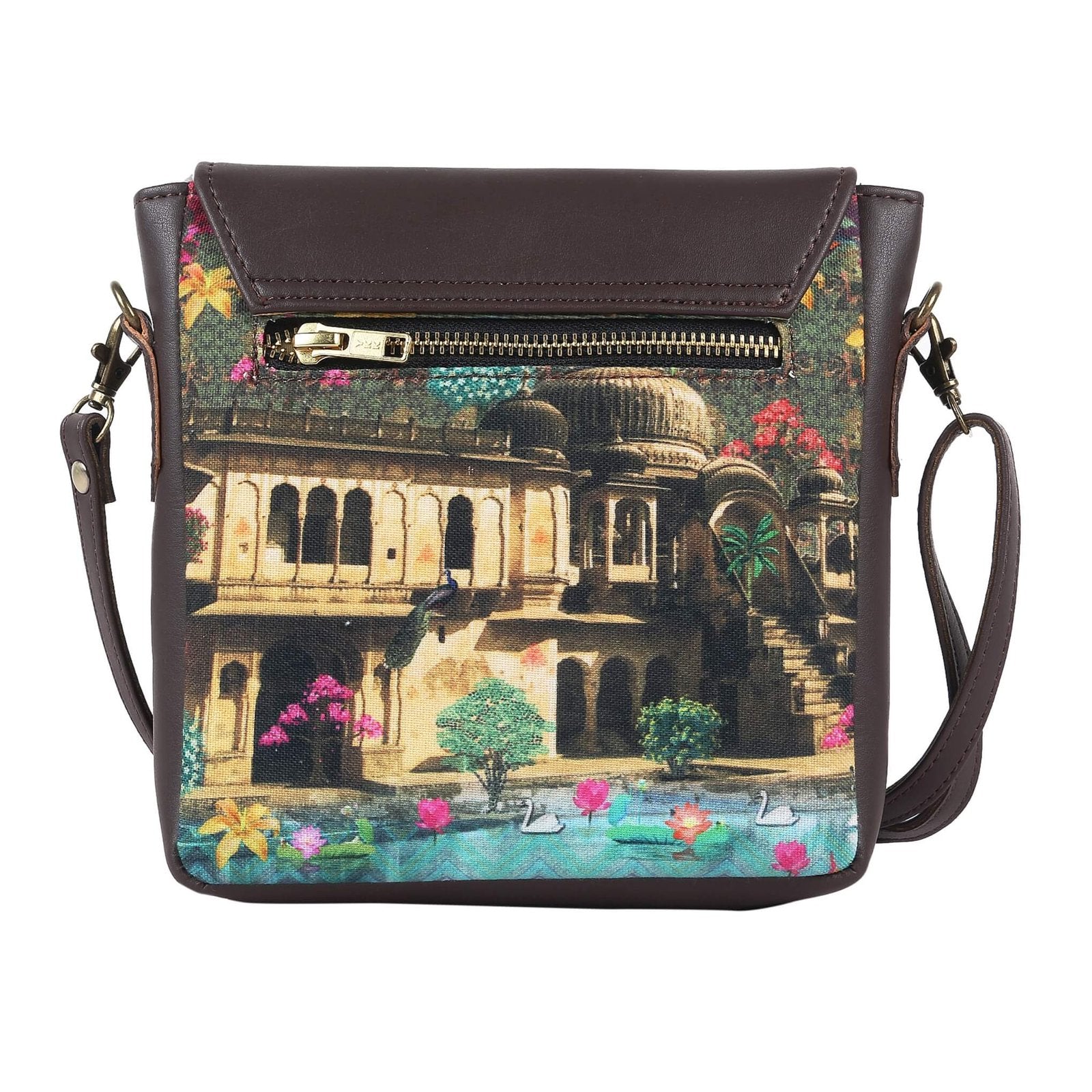 Shekhawati Haveli crossbody bag with colorful floral design and intricate heritage architecture