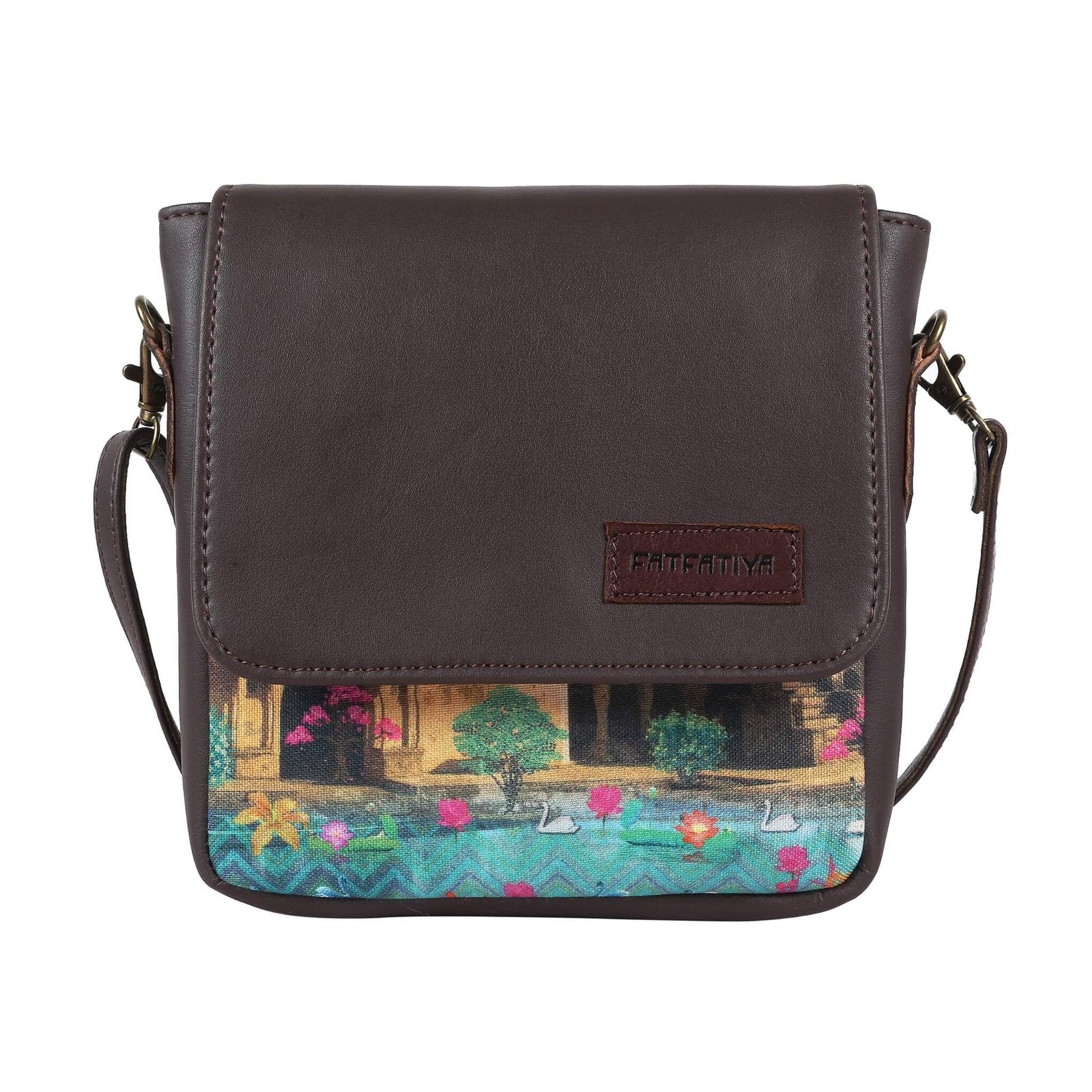 Fatfatiya Shekhawati Haveli crossbody bag in dark brown with vibrant artistic detailing