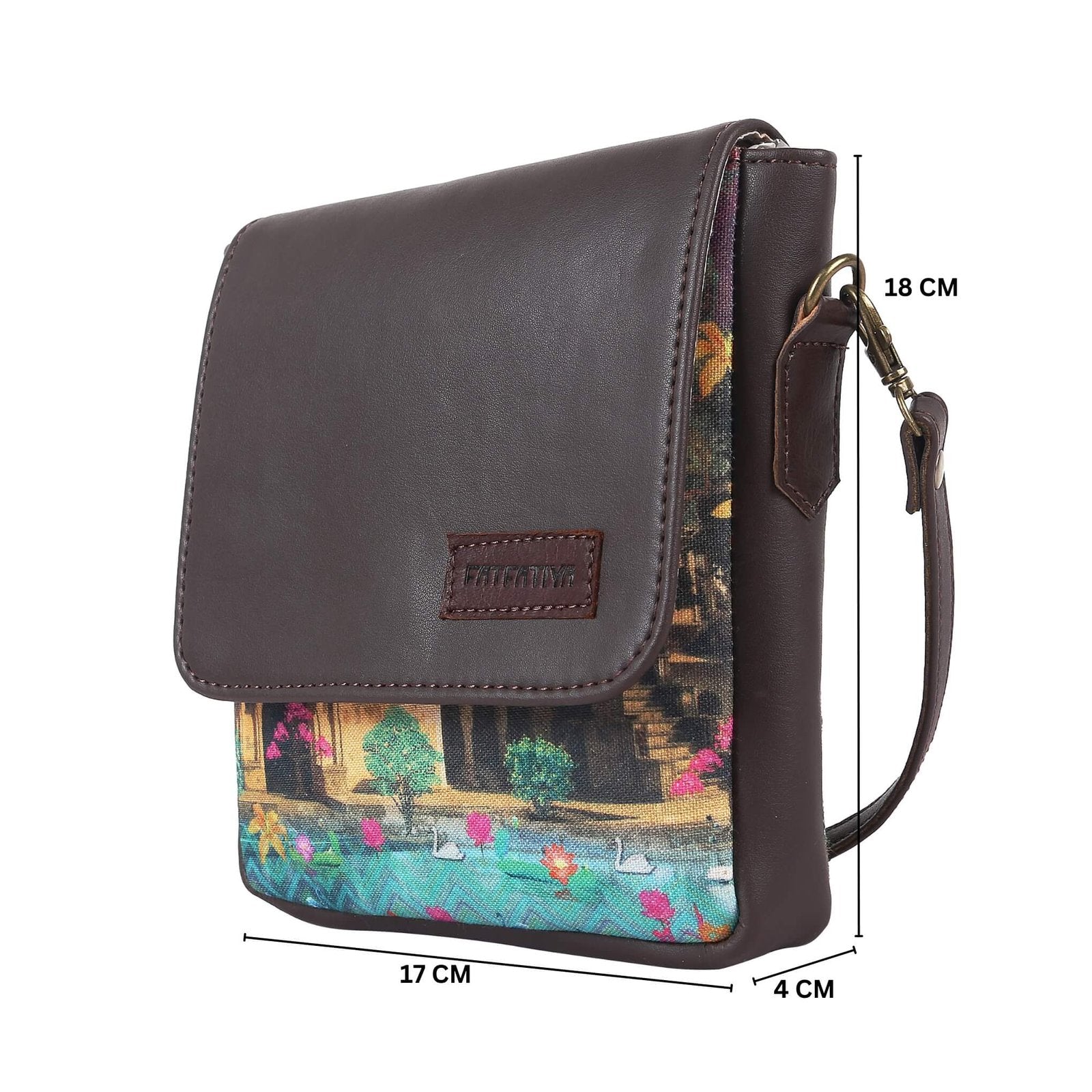 Fatfatiya Shekhawati Haveli crossbody bag in brown with decorative print and adjustable strap