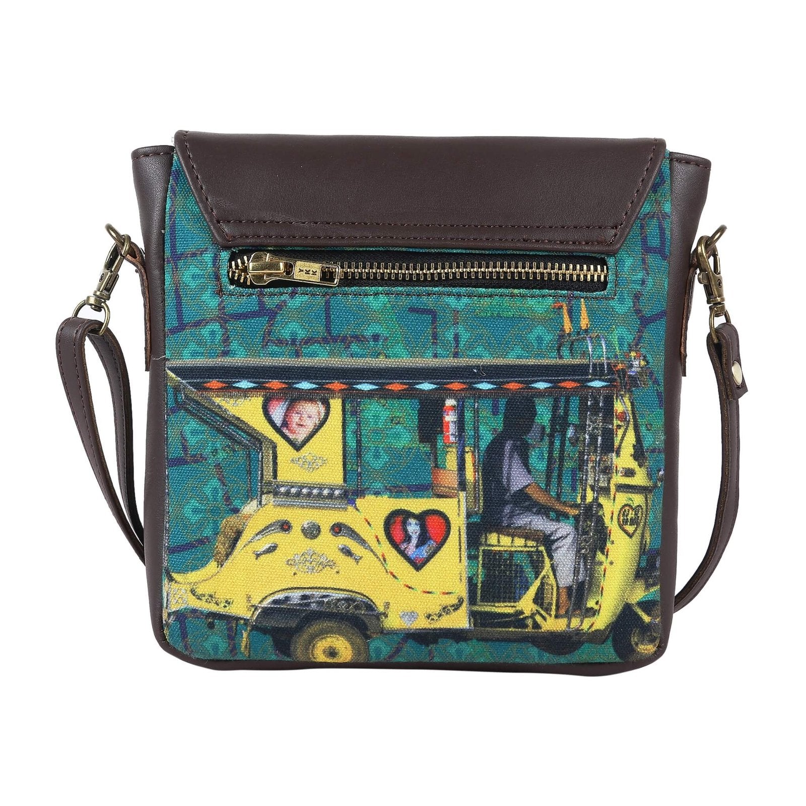 Fatfatiya Shekhawati taxi crossbody bag featuring vibrant auto rickshaw design with adjustable strap