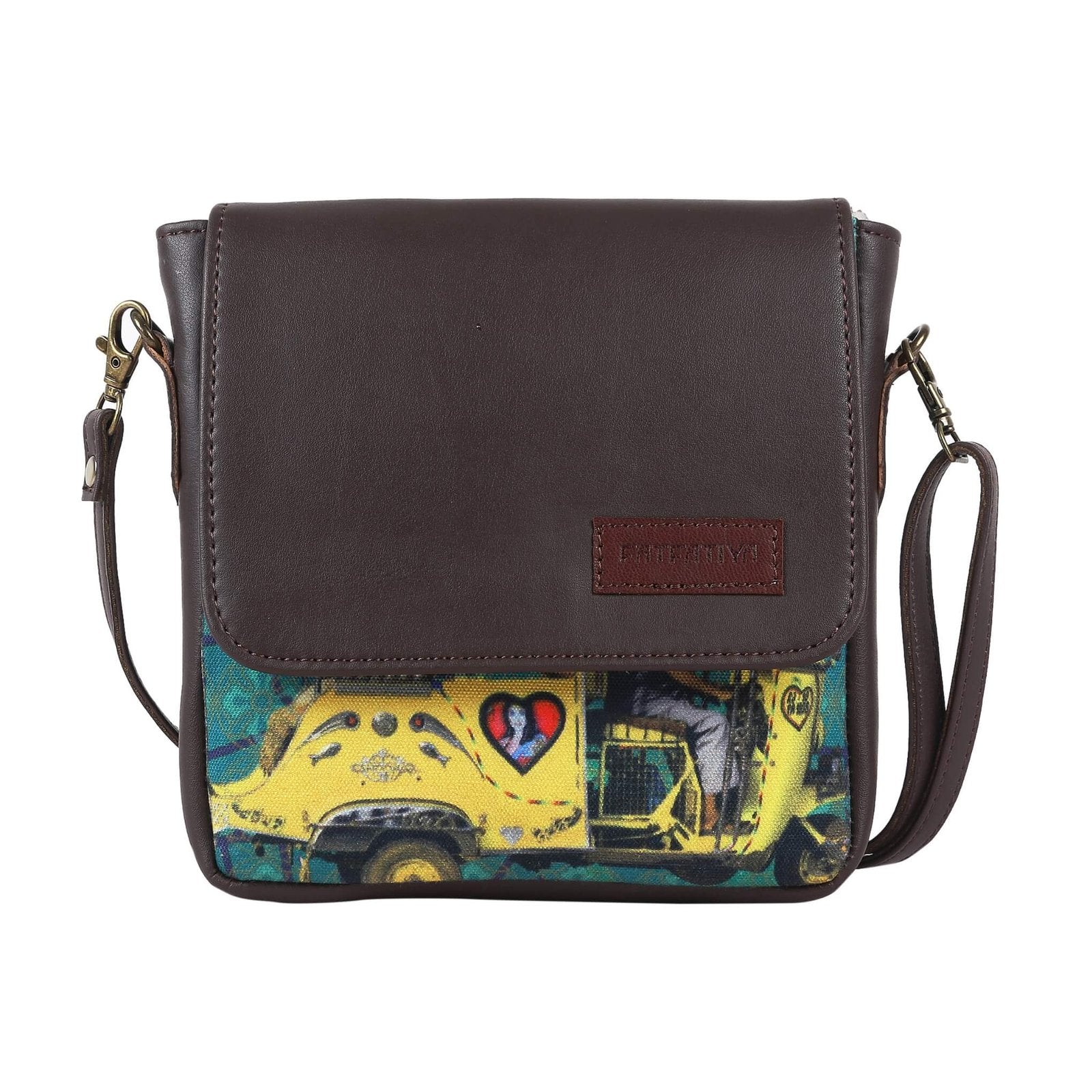 Fatfatiya Shekhawati taxi crossbody bag with vibrant design featuring a retro taxi print