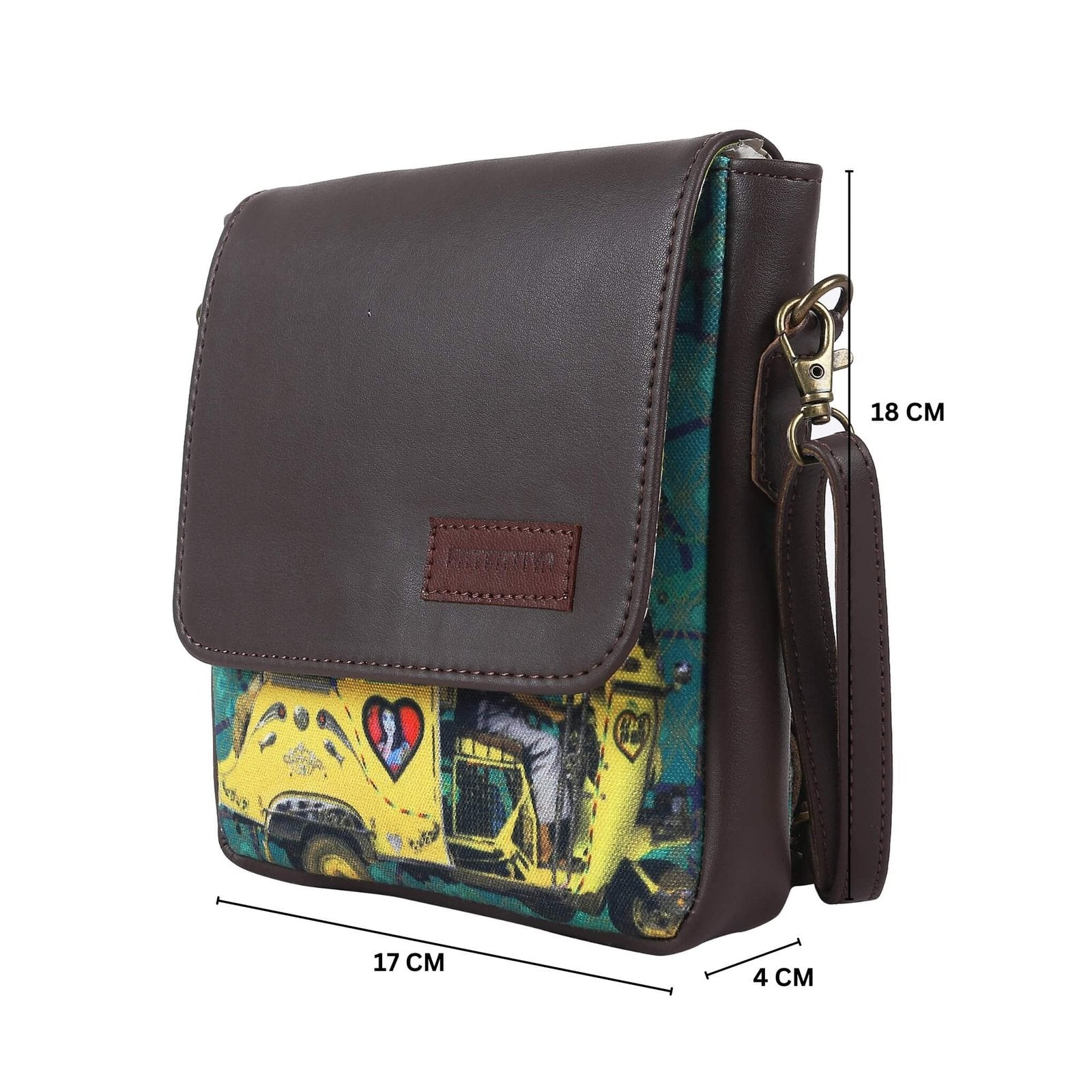 Fatfatiya Shekhawati taxi crossbody bag in brown with colorful taxi print and adjustable strap