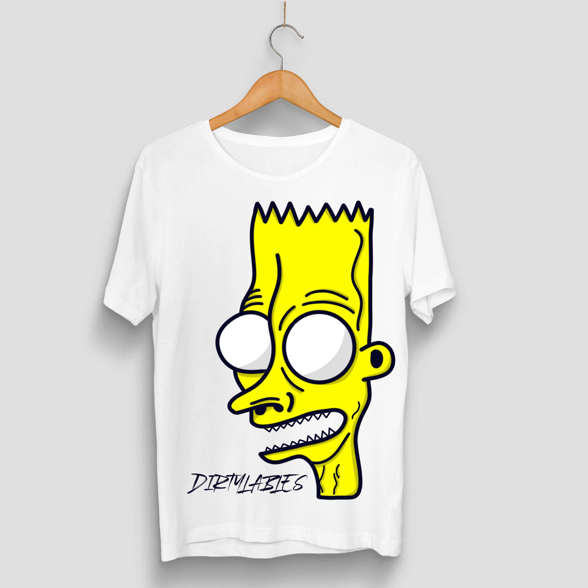 Dirtylabels Simpson graphic t-shirt featuring a bold Bart Simpson design on a white background