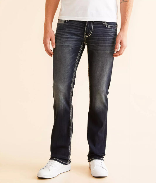 Men wearing stylish black jeans for men with contrast stitching and a slim fit
