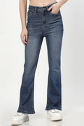 Stylish bootcut denim women in dark wash with a high waist and flared leg design