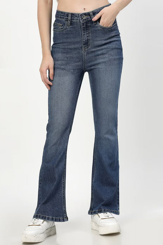 Stylish bootcut denim women in dark wash with a high waist and flared leg design
