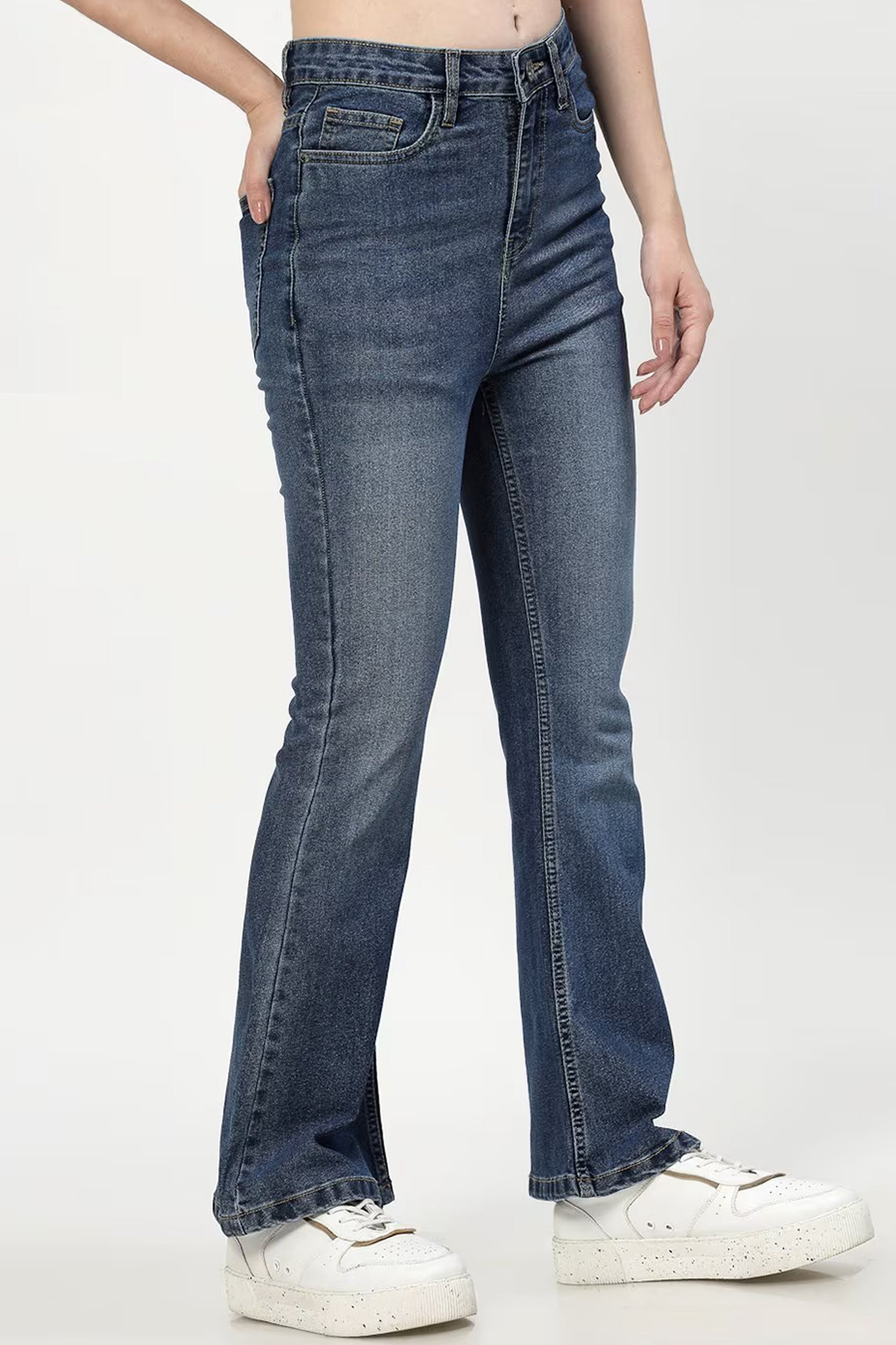 Stylish bootcut denim women in a dark wash design, perfect for casual and trendy outfits