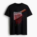 Stylish graphic tees with knife design featuring a bloody cleaver print on a black background