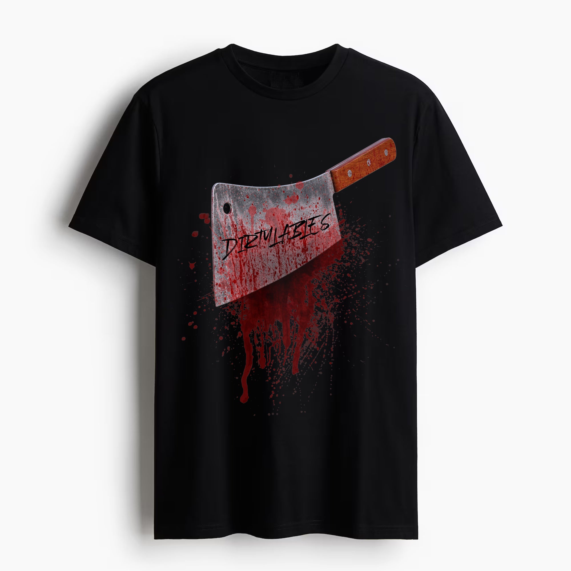 Stylish graphic tees with knife design featuring a bloody cleaver print on a black background