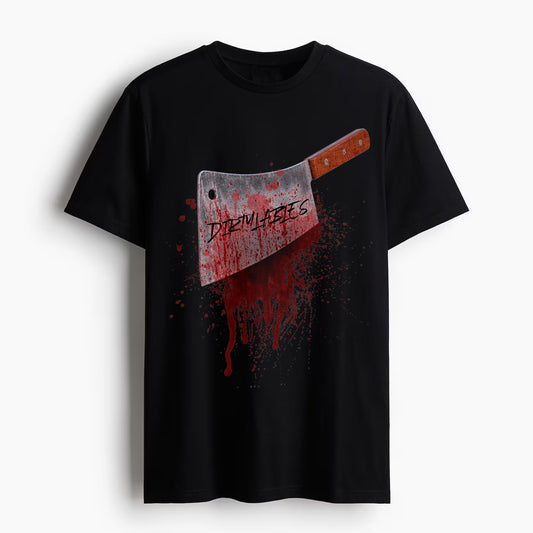 Stylish graphic tees with knife design featuring a bloody cleaver print on a black background