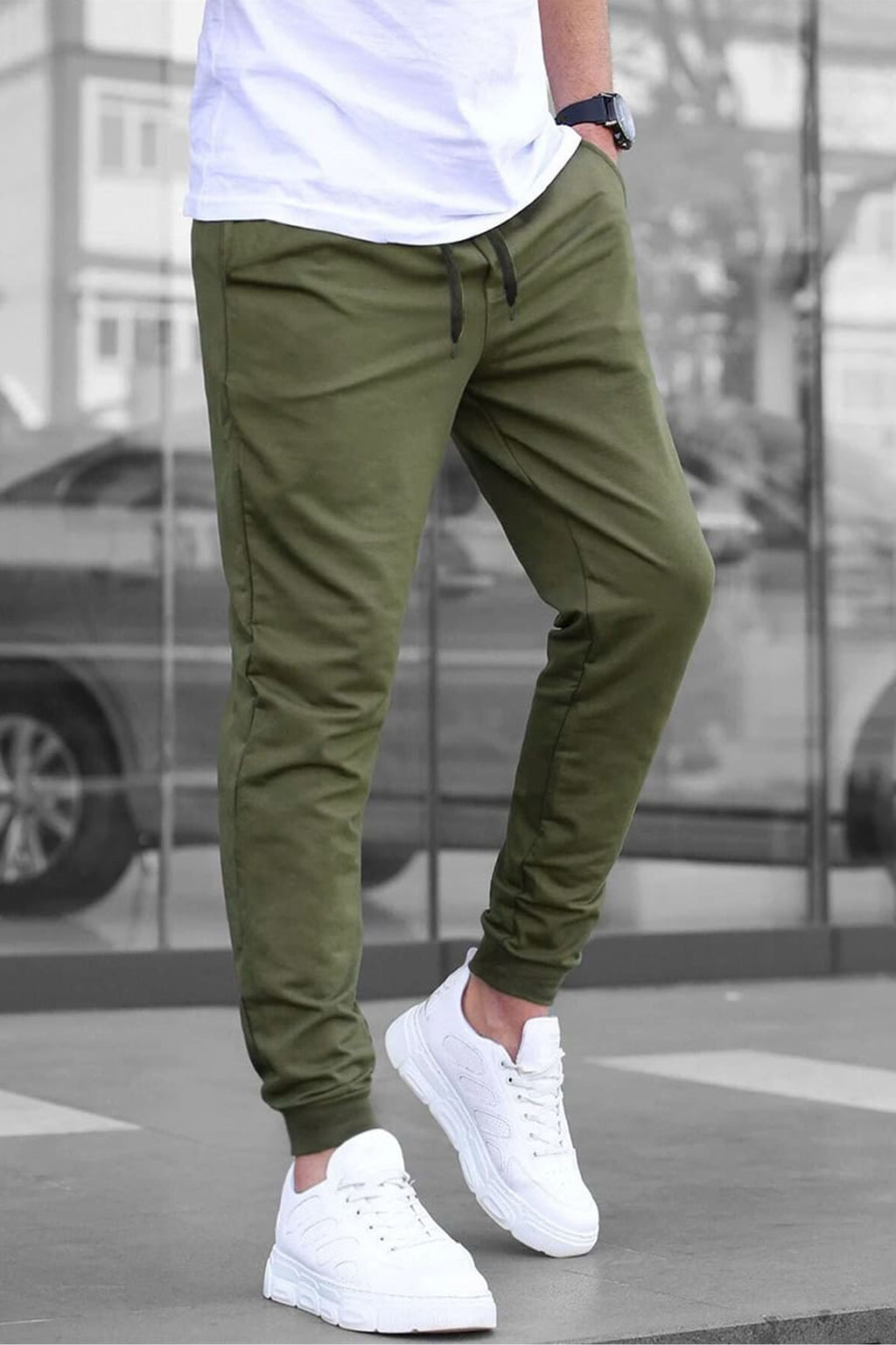 Olive green stylish joggers for men with a slim fit design and comfortable waistband