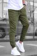 Olive green stylish joggers for men with a slim fit design and comfortable waistband