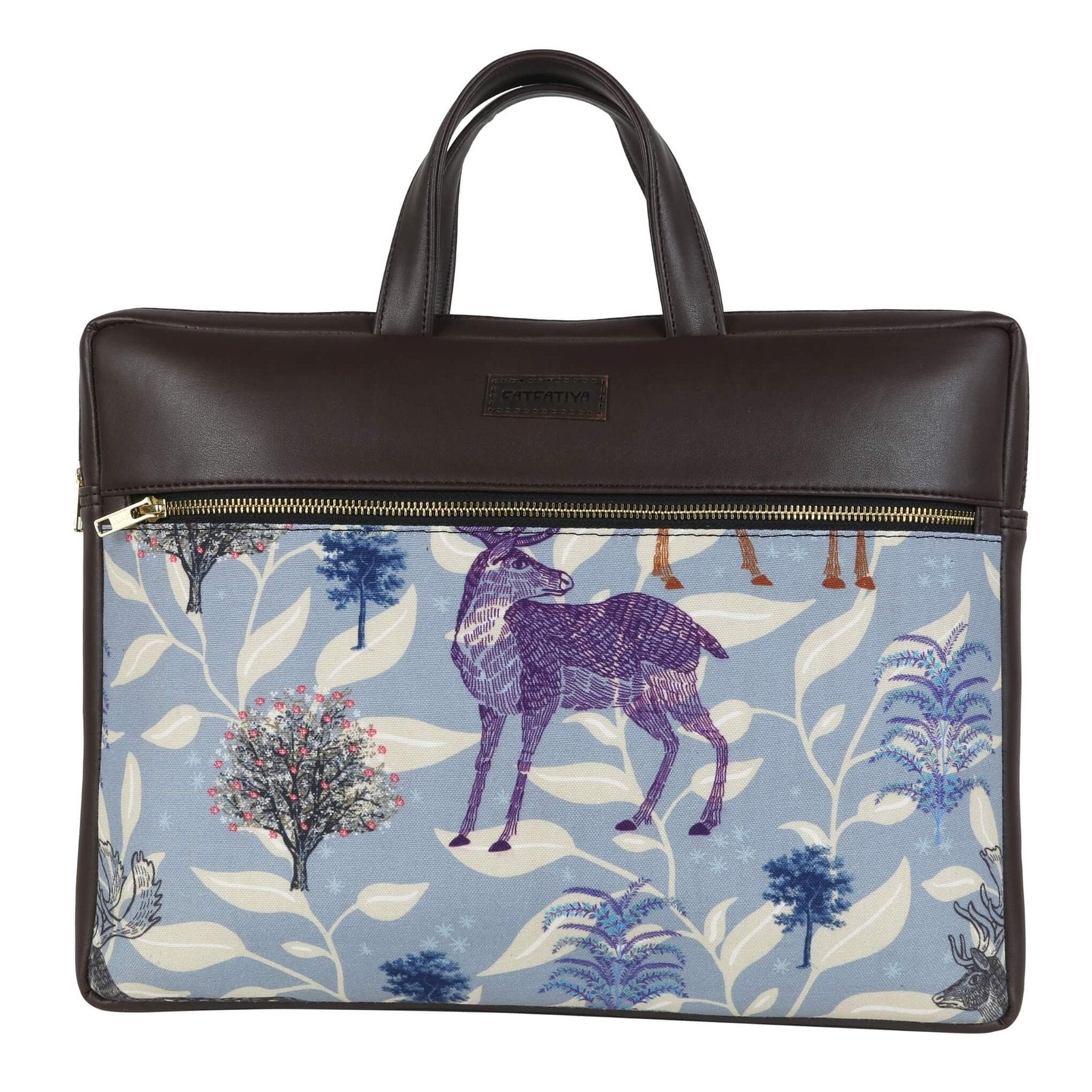 Fatfatiya stylish laptop bag for women with floral and animal prints in blue and brown colors