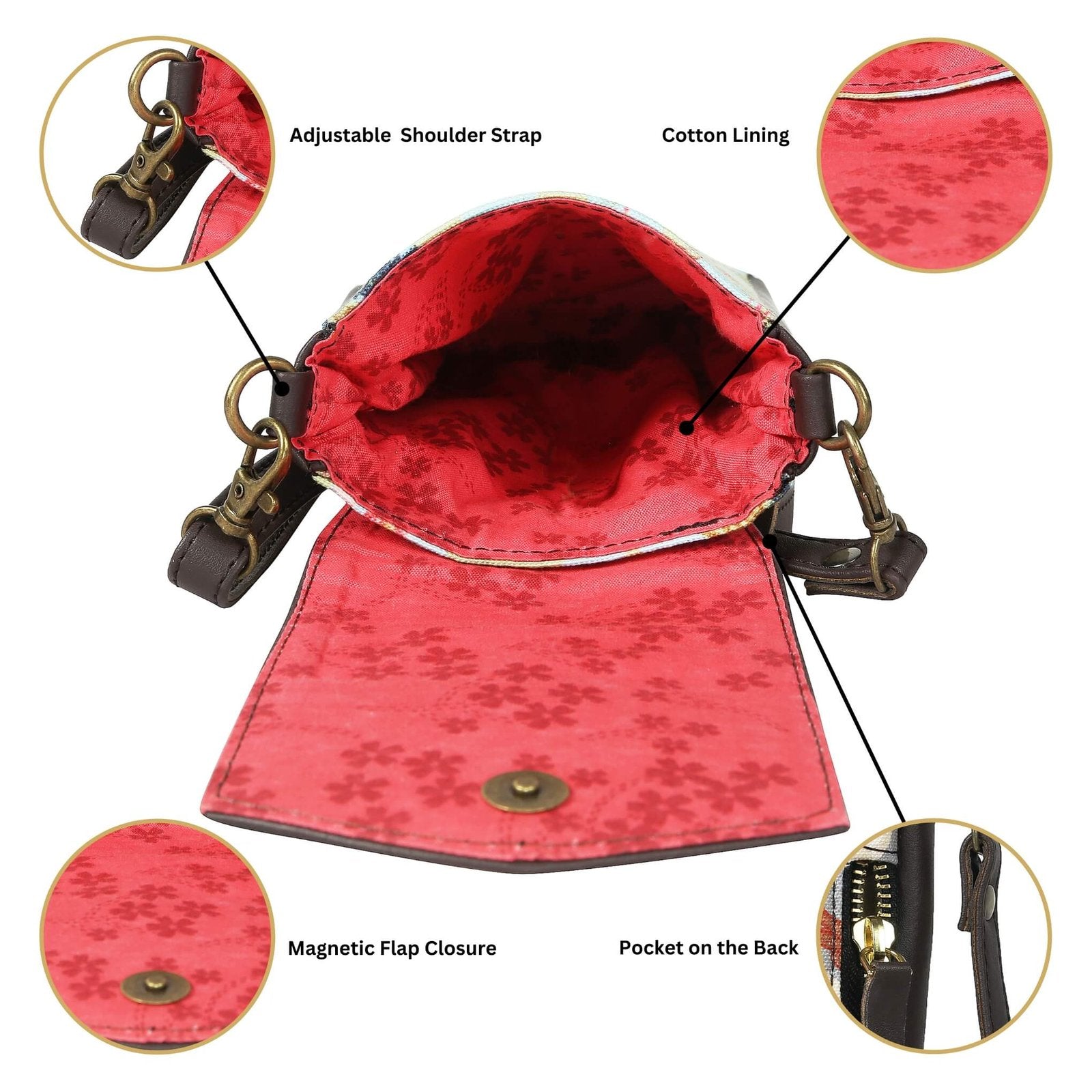 Stylish mobile phone sling India with adjustable strap, cotton lining, and magnetic flap closure