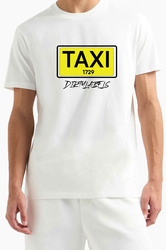 Men's white Taxi print t-shirt India featuring a bold yellow taxi graphic by Dirtylabels