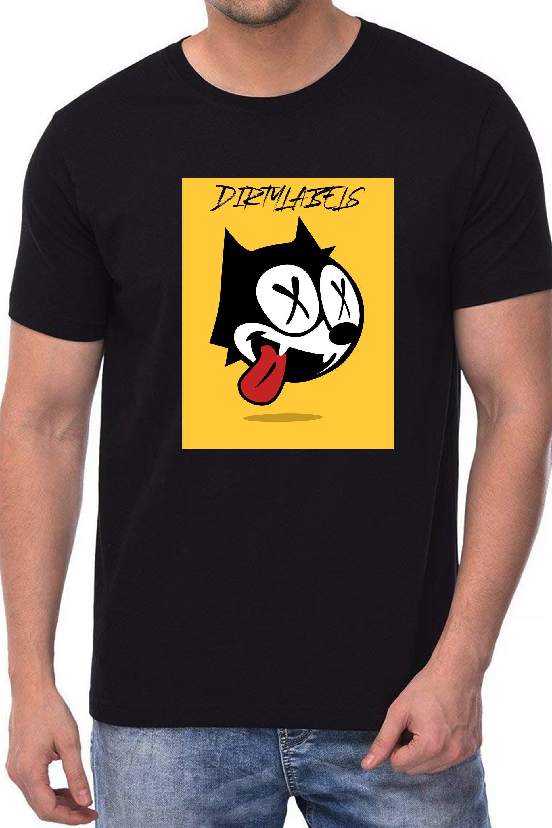 DirtyLabels Black T-Shirt featuring a trendy cartoon apparel graphic design